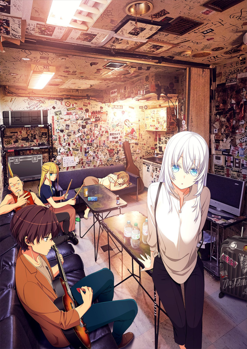 2boys, 3girls, :o, arm_support, armpit_peek, band, bangs, bare_arms