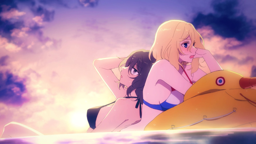 2girls, amazuki_jou, andou_(girls_und_panzer), arm_up, back-to-back, bangs, bikini, black_bikini