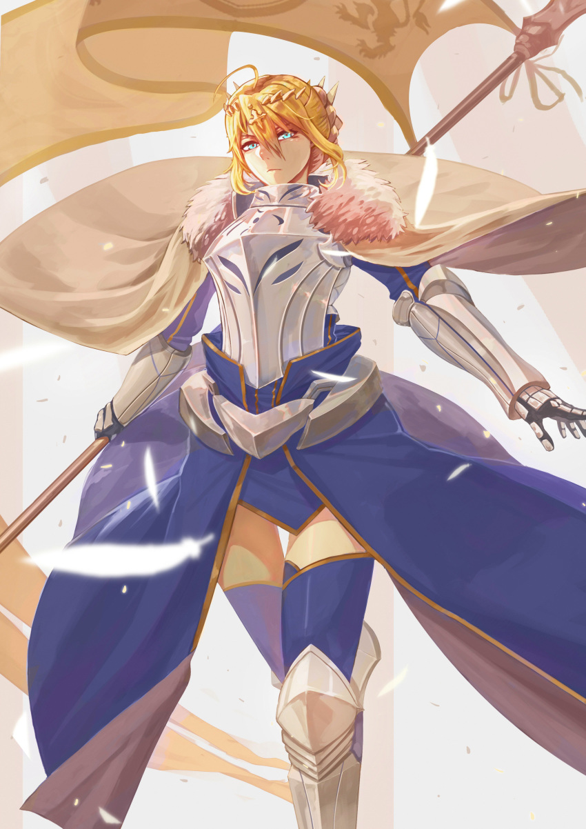 1girl, absurdres, armor, artoria_pendragon_(all), artoria_pendragon_(lancer), bangs, blonde_hair, blue_dress