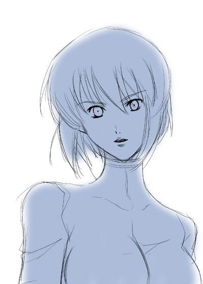 ghost_in_the_shell_stand_alone_complex, gits:sac, kusanagi_motoko, monochrome, short_hair, sketch, solo