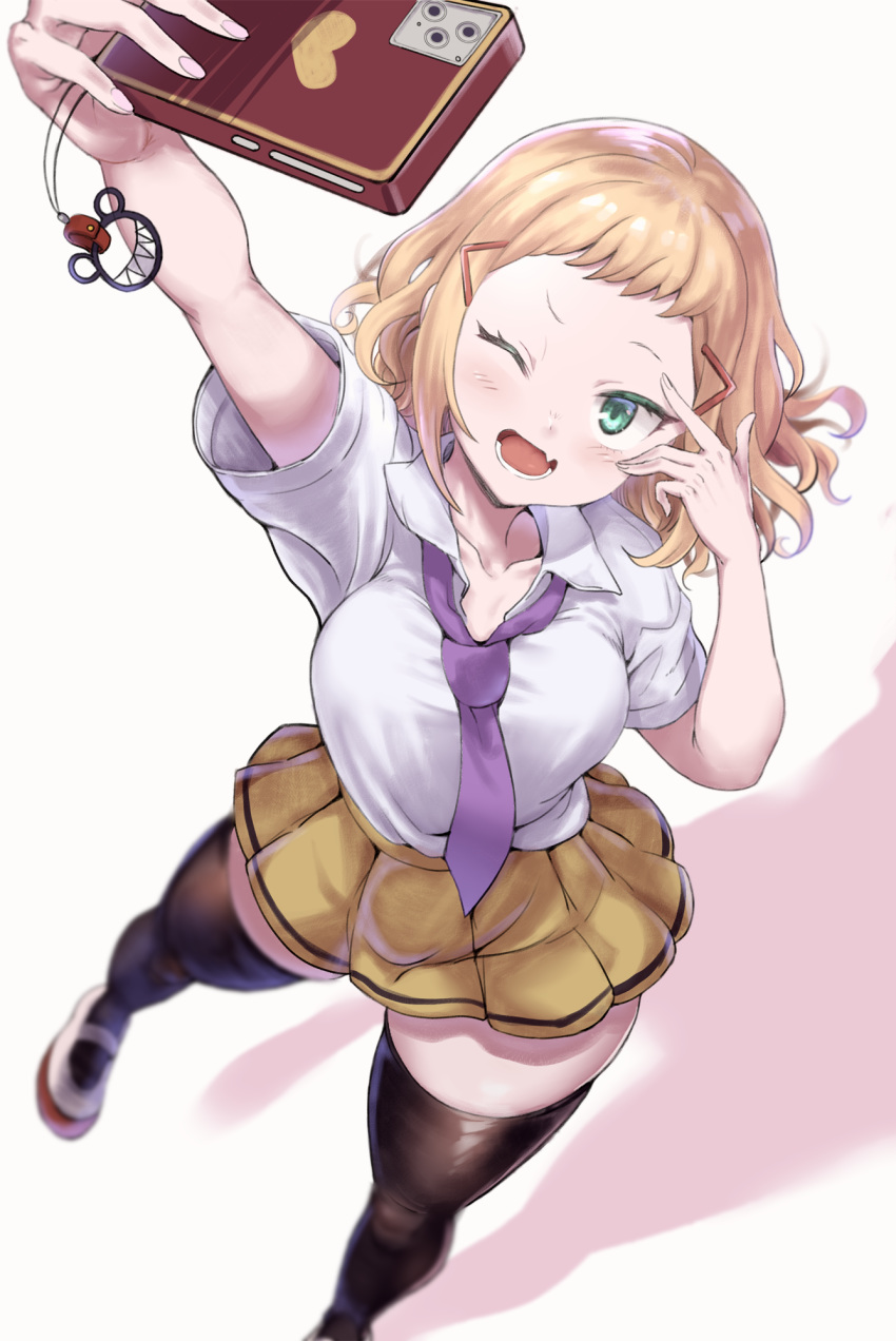 1girl, ;d, black_legwear, blonde_hair, blurry, blush, breasts, cellphone