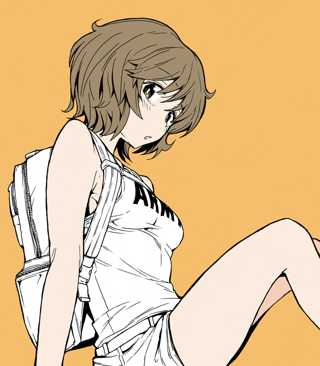 1girl, akiyama_mio, aokaze_(mimi_no_uchi), armpit_peek, backpack, bag, bangs, belt