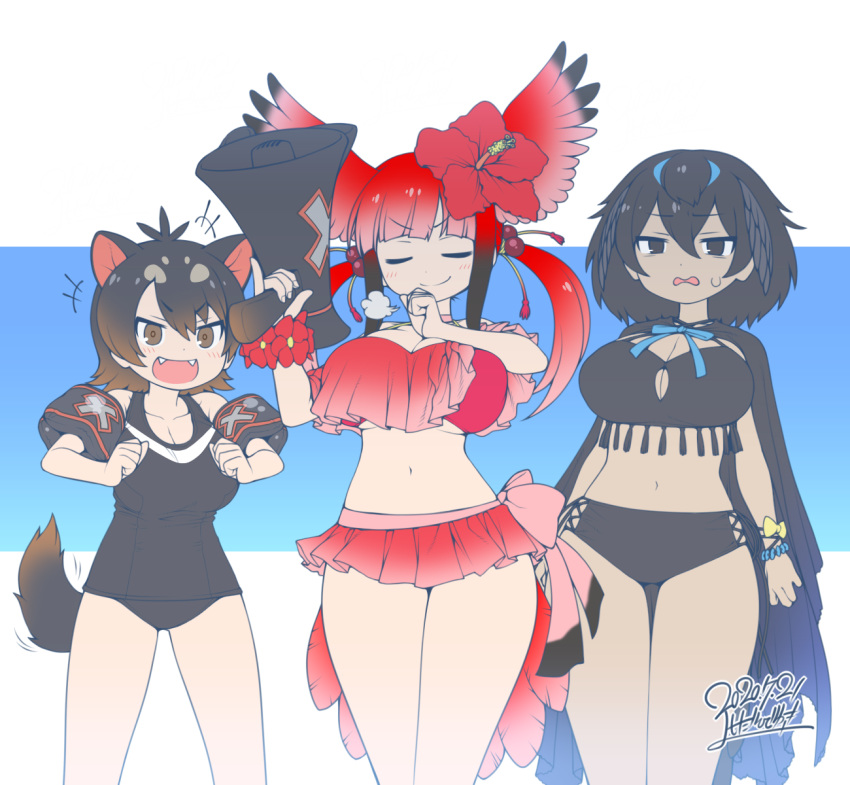 +++, 3girls, =3, alternate_breast_size, animal_ears, bangs, bikini, bird_tail