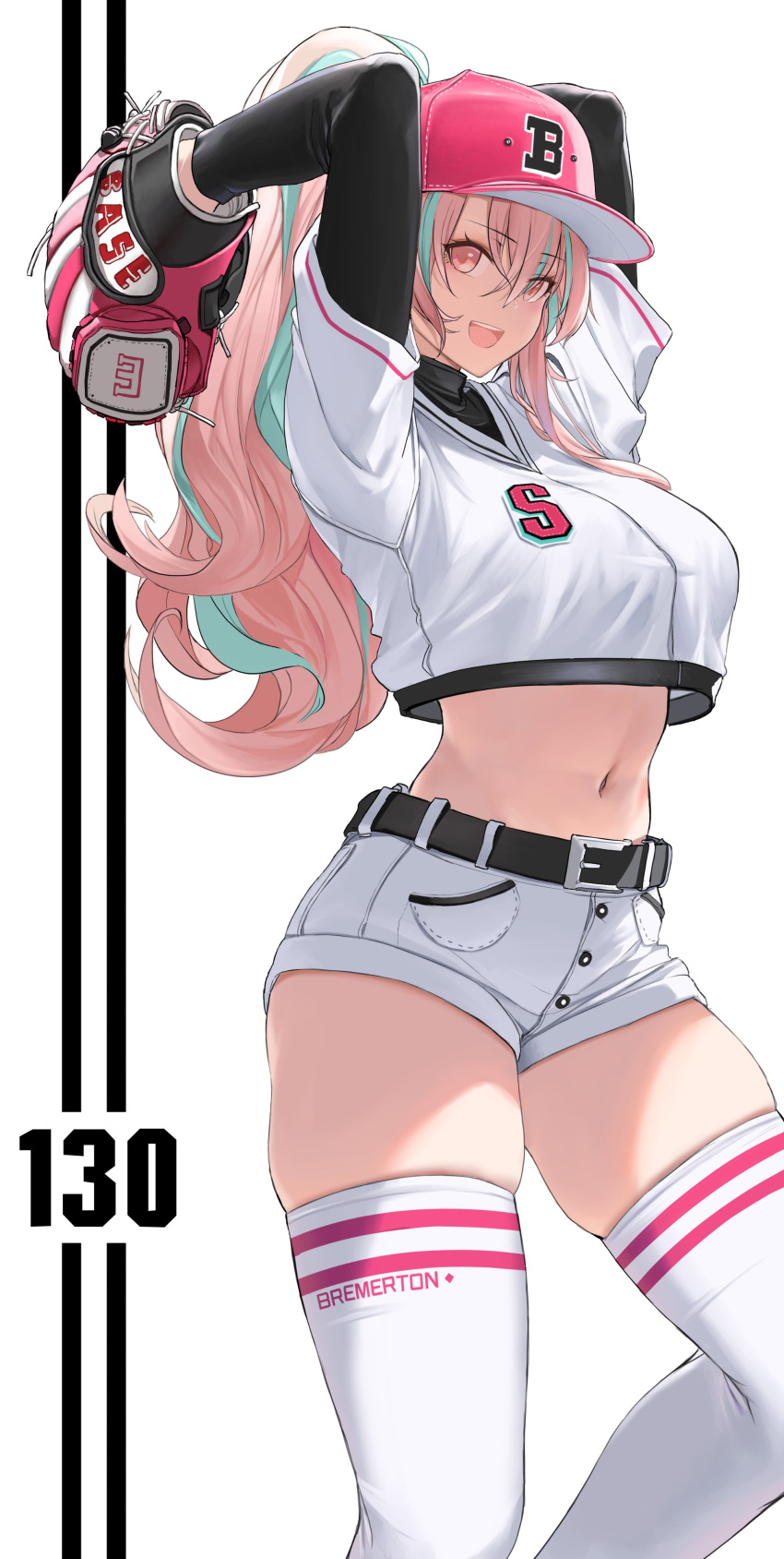 1girl, absurdres, alternate_costume, azur_lane, baseball_cap, baseball_mitt, baseball_uniform, belt