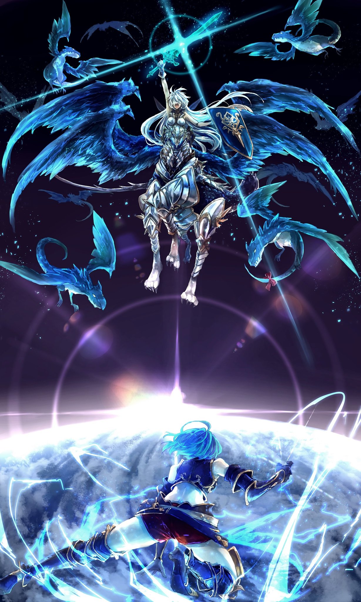 2girls, ahoge, armored_boots, battle, blue_eyes, boots, breasts, conqueror_of_the_eternals
