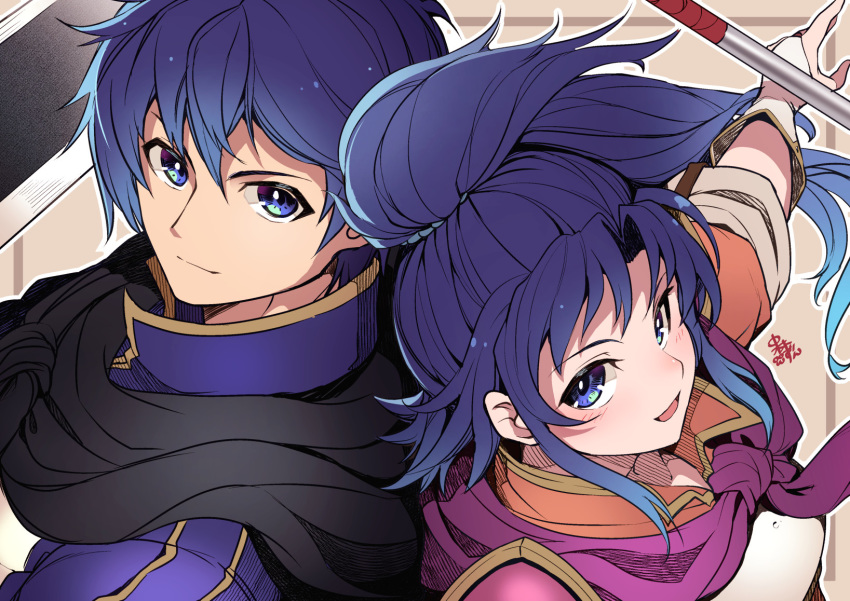 1boy, 1girl, blue_eyes, blue_hair, brother_and_sister, closed_mouth, female_my_unit_(fire_emblem:_shin_monshou_no_nazo), fire_emblem, fire_emblem:_new_mystery_of_the_emblem, fire_emblem:_shin_monshou_no_nazo, fire_emblem_12, highres, intelligent_systems, kris_(fire_emblem), kris_(fire_emblem)_(female), kris_(fire_emblem)_(male), long_hair, looking_to_the_side, male_my_unit_(fire_emblem:_shin_monshou_no_nazo), my_unit_(fire_emblem:_shin_monshou_no_nazo), nakabayashi_zun, nintendo, open_mouth, polearm, ponytail, short_hair, siblings, sword, upper_body, weapon