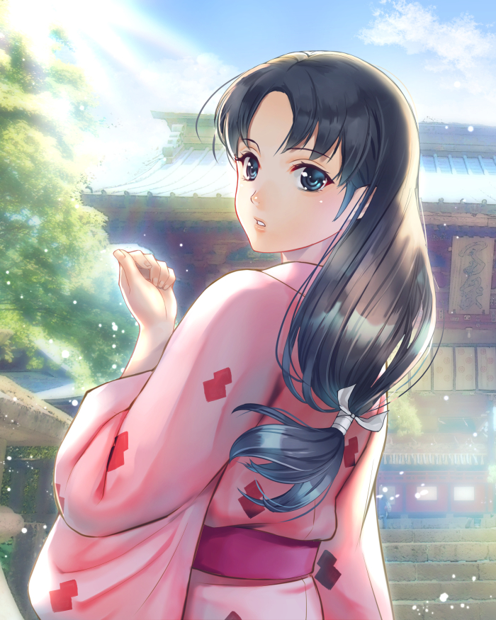1girl, black_hair, blue_eyes, day, from_behind, japanese_clothes, kimono, long_hair