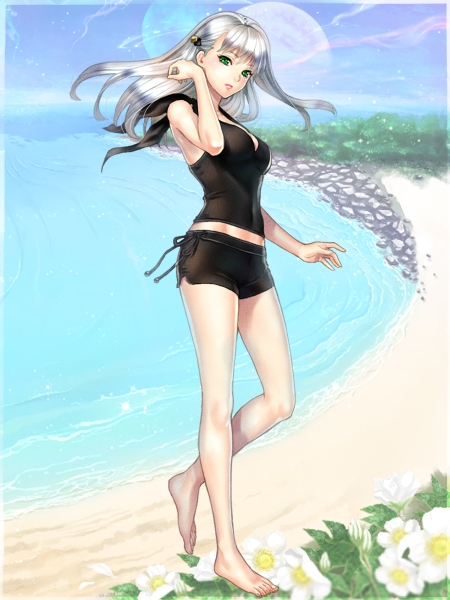 1girl, barefoot, beach, black_shirt, black_shorts, breasts, day, floating_hair