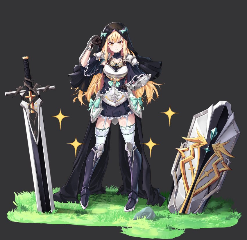 >:(, 1girl, absurdres, armor, armored_boots, blonde_hair, boots, collarbone