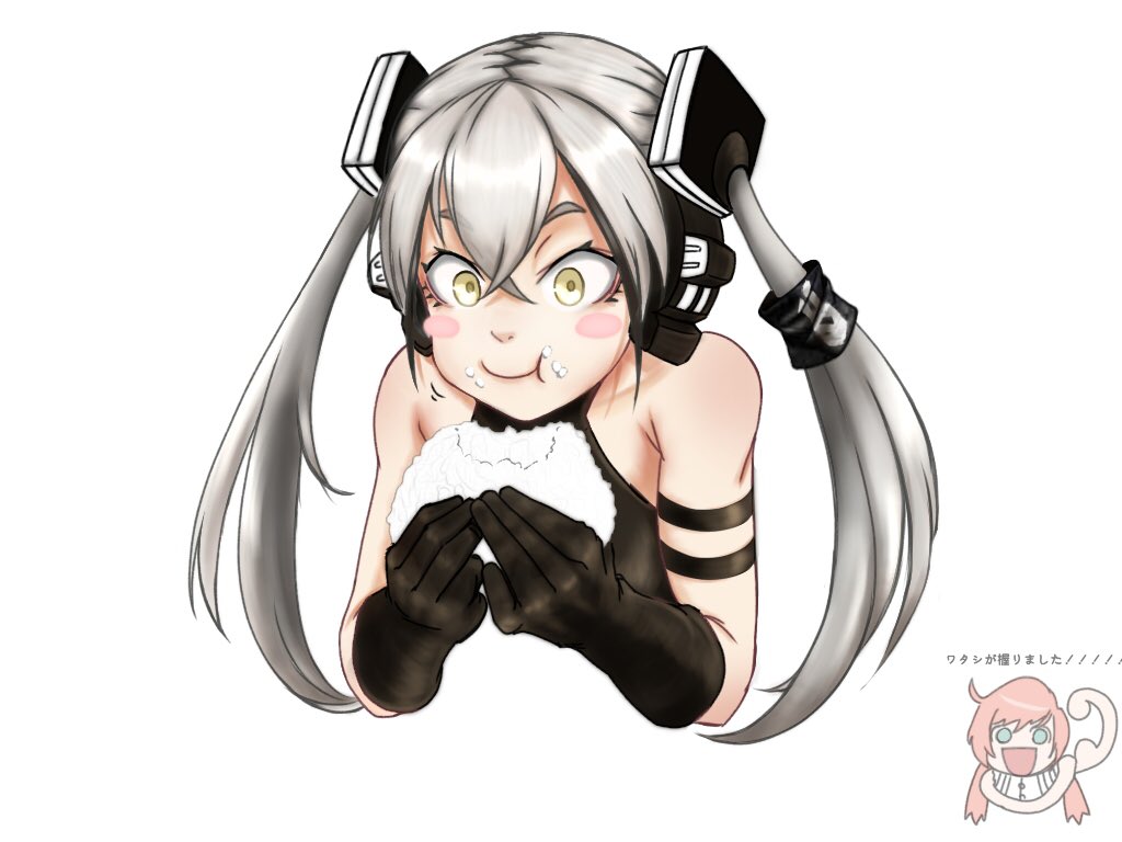 2girls, bare_shoulders, blush_stickers, collarbone, destroyer_(girls_frontline), food, food_on_face, girls_frontline