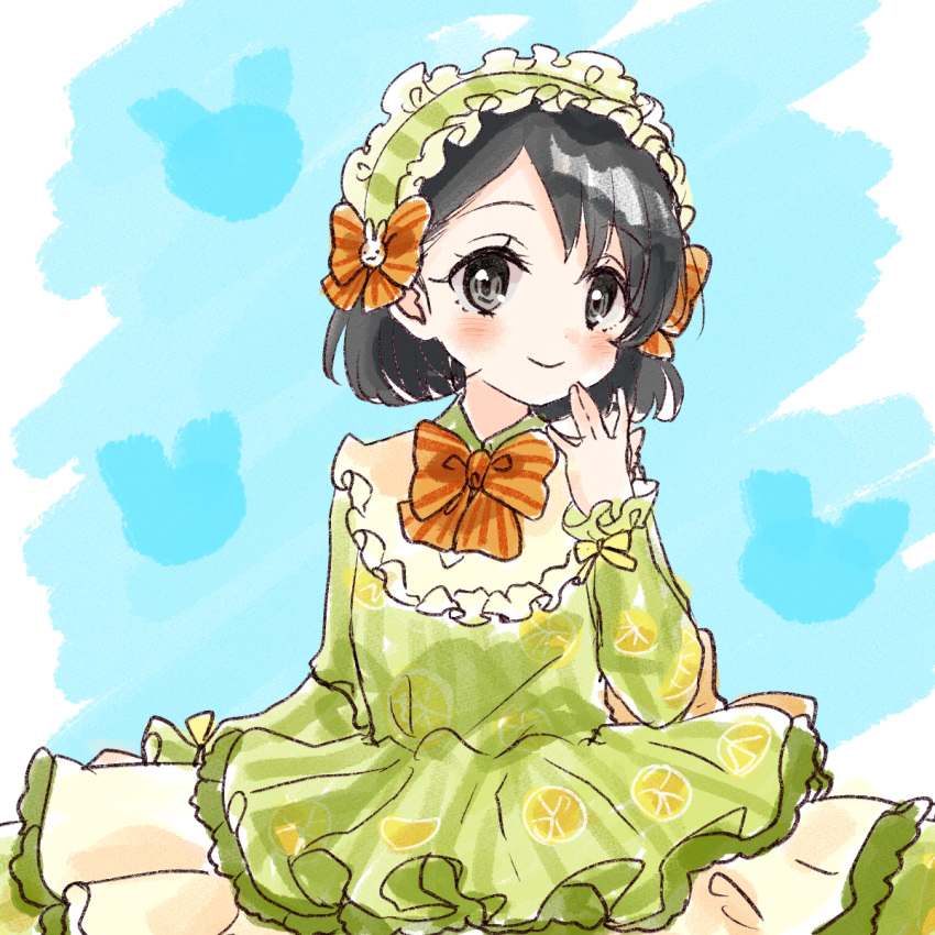 arm_at_side, arm_up, bangs, black_hair, blush, bow, bunny_hair_ornament, closed_mouth