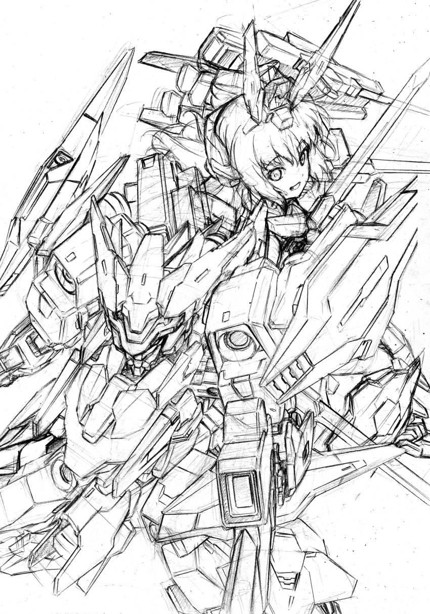 1girl, alternate_color, baselard, commentary_request, cutlass_(frame_arms), frame_arms, frame_arms_girl, greyscale, grin, gun, headgear, highres, holding, holding_weapon, kumichou_(ef65-1118-ef81-95), long_hair, mecha, mecha_musume, monochrome, sketch, smile, sword, traditional_media, weapon