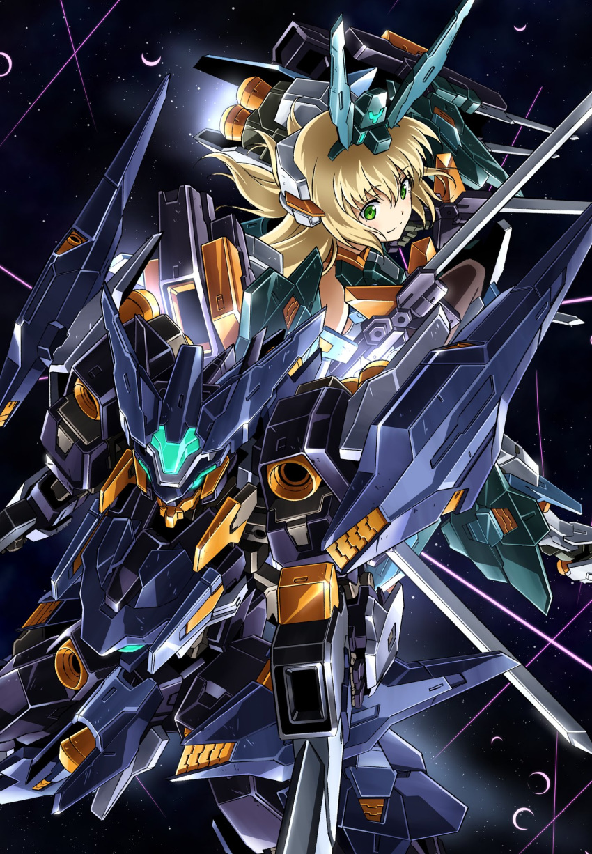 1girl, alternate_color, baselard, beam, blonde_hair, commentary_request, cutlass_(frame_arms), frame_arms