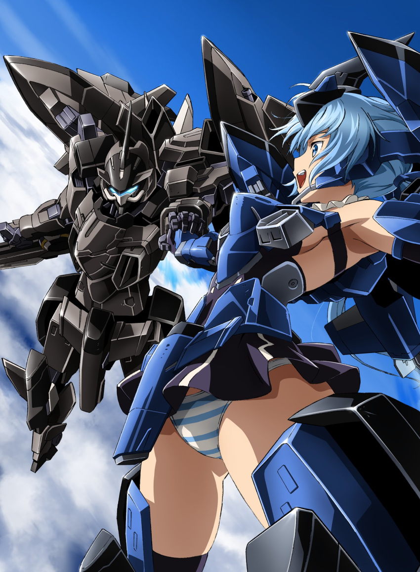 1girl, armpits, ass_visible_through_thighs, black_legwear, blue_eyes, blue_hair, blue_sky, clouds