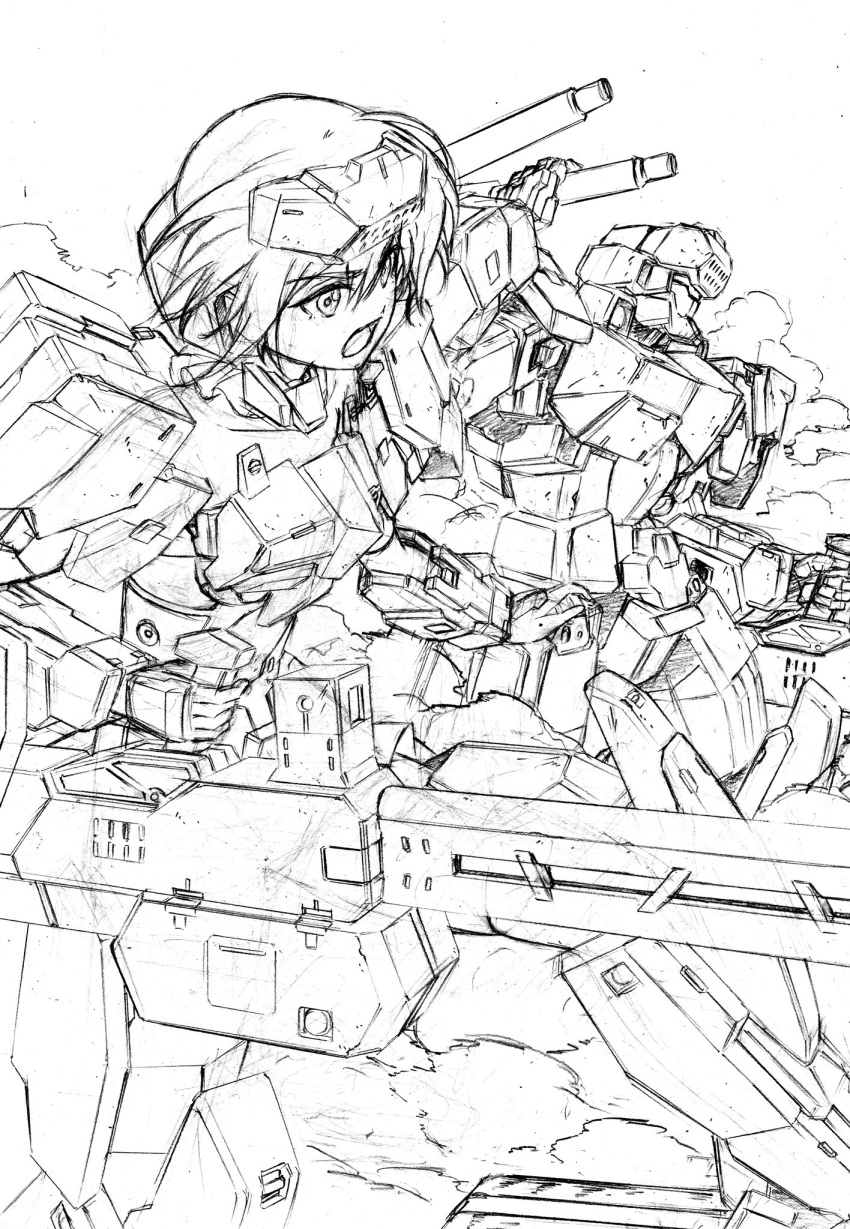 1girl, commentary_request, dust_cloud, frame_arms, frame_arms_girl, gourai, gourai_(frame_arms), greyscale