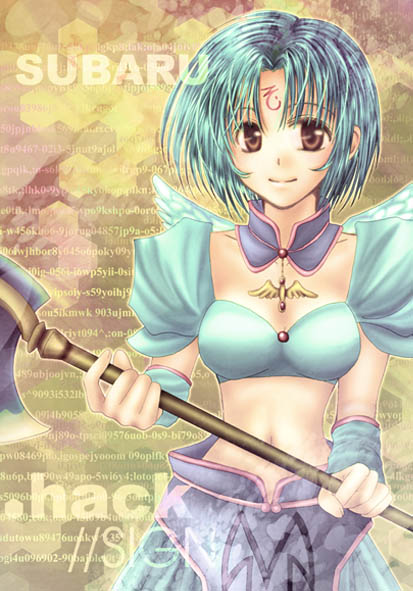 .hack//sign, 1girl, axe, bad_id, blue_hair, brown_eyes, collar, detached_collar, detached_sleeves, for_all_z, honeycomb_background, midriff, short_hair, skirt, subaru, subaru_(.hack//), warrior, weapon, wings, yellow_background