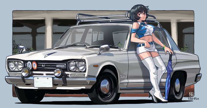1girl, absurdres, bare_shoulders, belt, black_hair, blue_neckwear, boots, bow