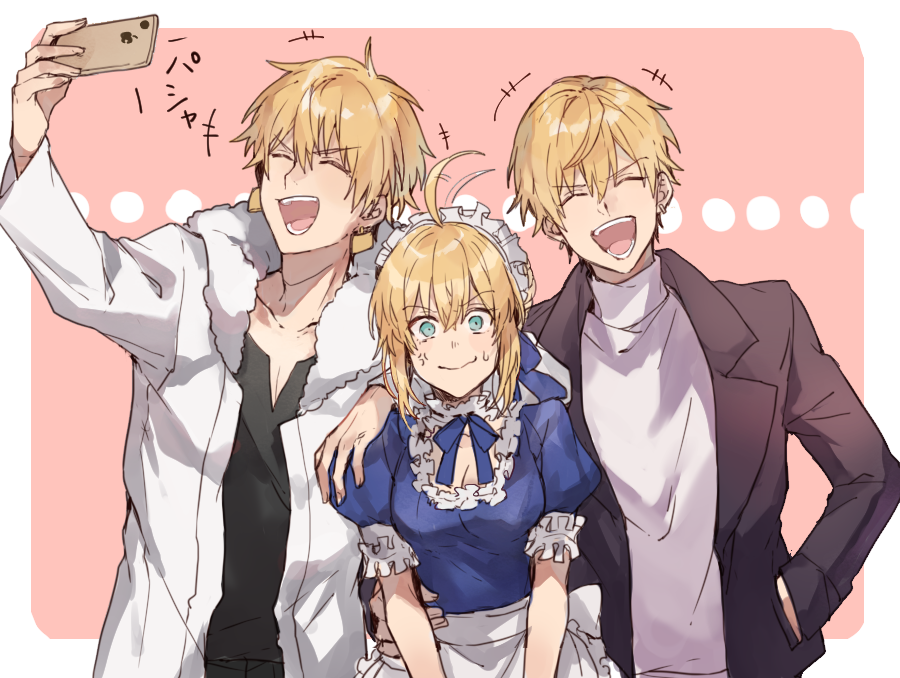 +++, 1girl, 2boys, :d, ahoge, alternate_costume, anger_vein, apron