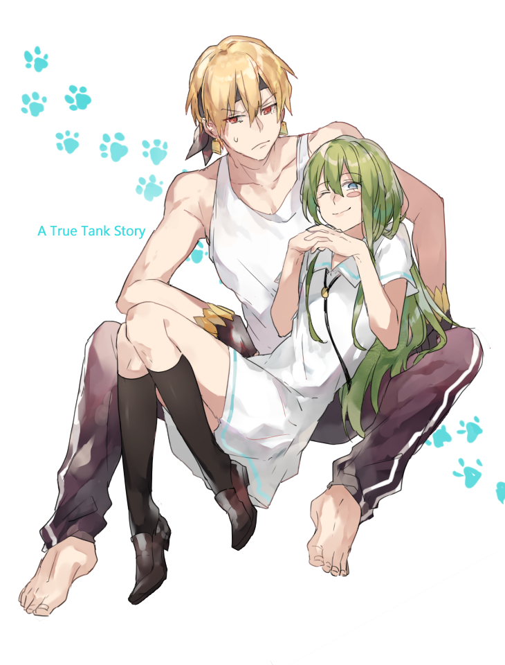 1boy, 1girl, arm_support, barefoot, black_legwear, blonde_hair, blush, blush_stickers
