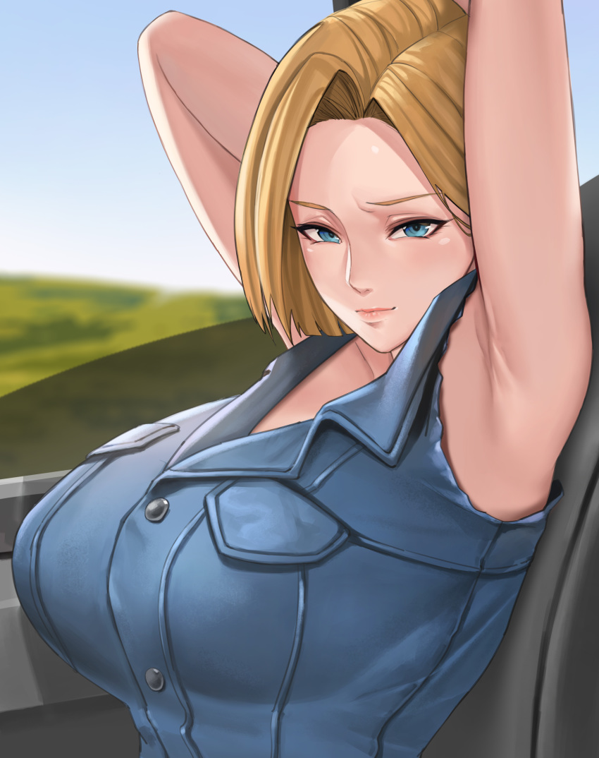 1girl, absurdres, android_18, armpits, arms_arc, arms_behind_head, blonde_hair, blue_eyes