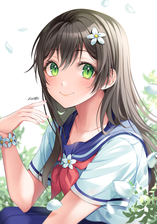 1girl, bang_dream!, black_hair, blouse, blue_skirt, blurry, blurry_background, blush, collarbone, cosplay, crossover, duplicate, facing_to_the_side, flower, flower_bracelet, flower_neckwear, green_eyes, hair_flower, hair_ornament, hanazono_tae, hime_cut, long_hair, looking_at_viewer, minori_(faddy), motion_blur, petals, plant, red_neckwear, saten_ruiko, saten_ruiko_(cosplay), school_uniform, serafuku, sitting, skirt, smile, solo, to_aru_kagaku_no_railgun, to_aru_majutsu_no_index, twitter_username, white_blouse