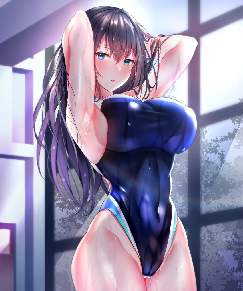 1girl, arms_behind_head, bangs, black_hair, black_swimsuit, blue_eyes, blush, breasts