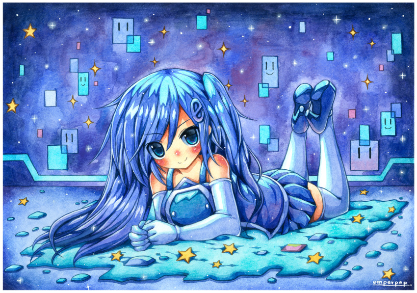 1girl, bangs, blue_eyes, blue_footwear, blue_hair, blue_theme, blush, breasts