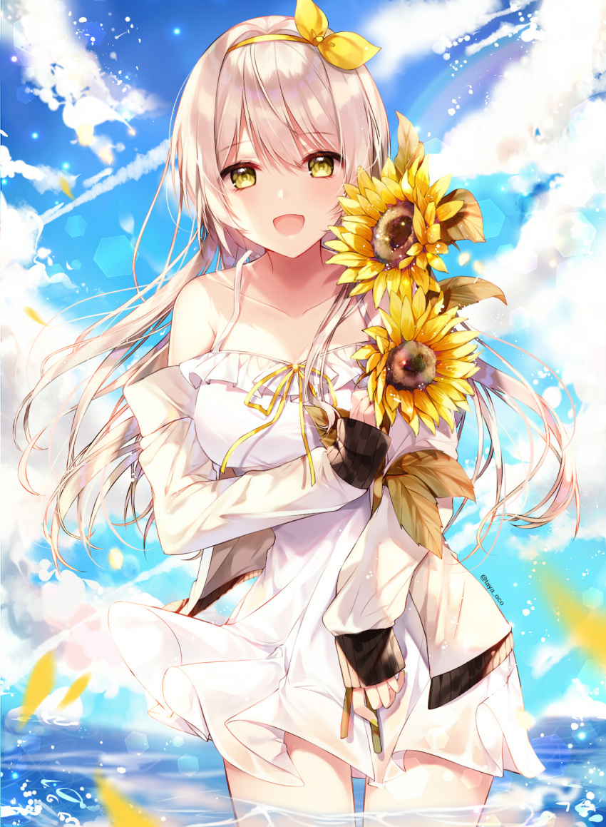 1girl, :d, bangs, blue_sky, blush, breasts, clouds, collarbone