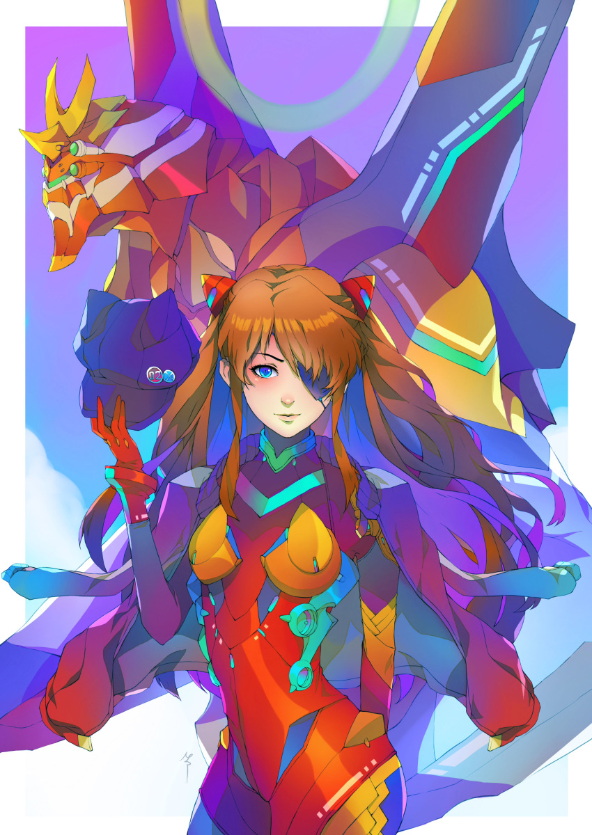 1girl, absurdres, blue_eyes, english_commentary, eva_02, extra_eyes, eyepatch, green_eyes