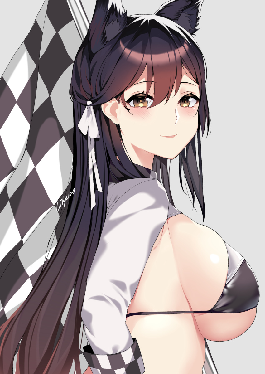 1girl, absurdres, animal_ears, atago_(azur_lane), atago_(stunning_speedster)_(azur_lane), azur_lane, bangs, bikini, black_bikini, black_hair, blush, breasts, brown_eyes, checkered, checkered_flag, cropped_jacket, flag, grey_background, hair_between_eyes, highres, jacket, large_breasts, lilycious, looking_at_viewer, racequeen, shiny, shiny_hair, sideboob, simple_background, smile, solo, swept_bangs, swimsuit, white_jacket