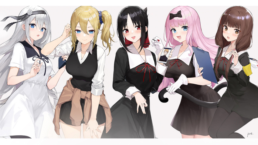 5girls, :d, adjusting_hair, armband, artist_name, bag, bangs, black_bow
