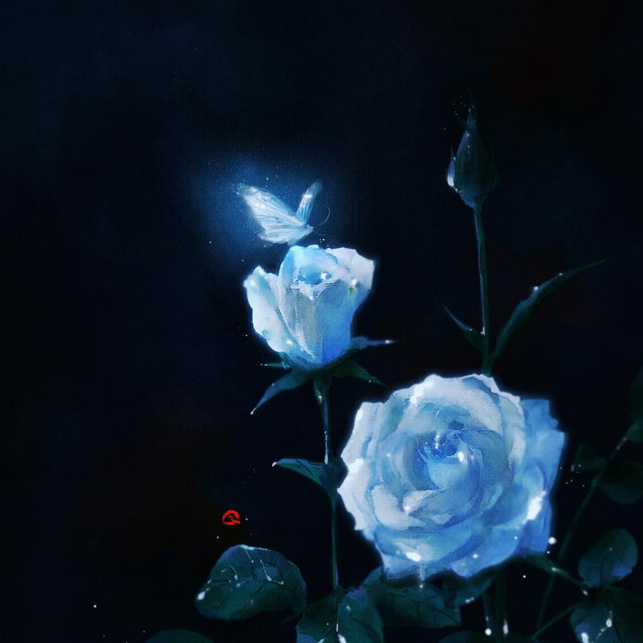 blue_butterfly, bug, butterfly, dark_background, flower, insect, no_humans, original, quacx3, simple_background, watermark