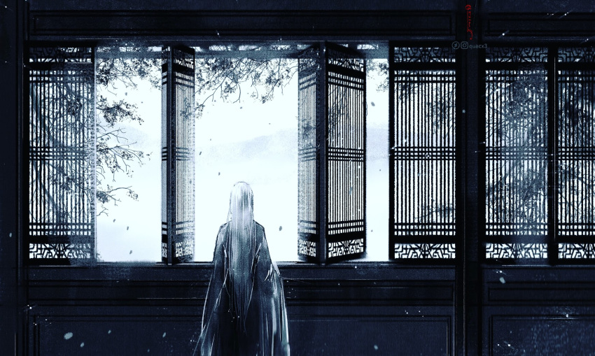 1girl, artist_name, facing_away, grey_theme, highres, indoors, long_hair, original, quacx3, scenery, standing, watermark, white_hair, window