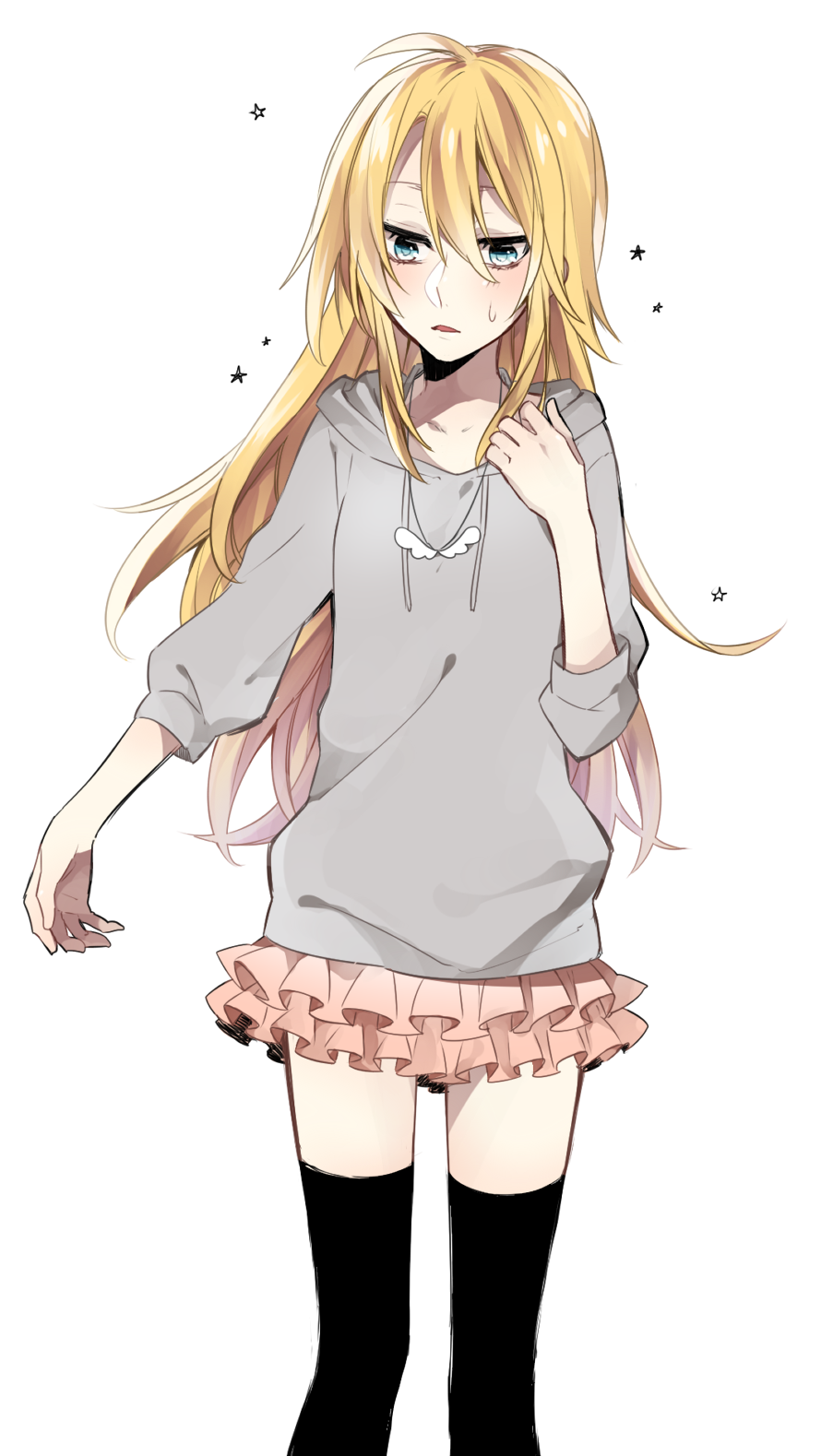 1girl, ariilha12, bangs, black_legwear, blonde_hair, blue_eyes, blush, casual