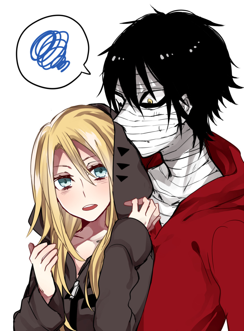 1boy, 1girl, ariilha12, bandage_on_face, bangs, black_hair, blonde_hair, blue_eyes, blush, borrowed_garments, brown_cardigan, cardigan, collarbone, couple, hair_between_eyes, highres, hood, hood_down, hood_up, hooded_cardigan, hooded_sweater, isaac_foster, open_mouth, rachel_gardner, red_sweater, satsuriku_no_tenshi, shiny, shiny_hair, simple_background, speech_bubble, sweatdrop, sweater, upper_body, white_background, yellow_eyes