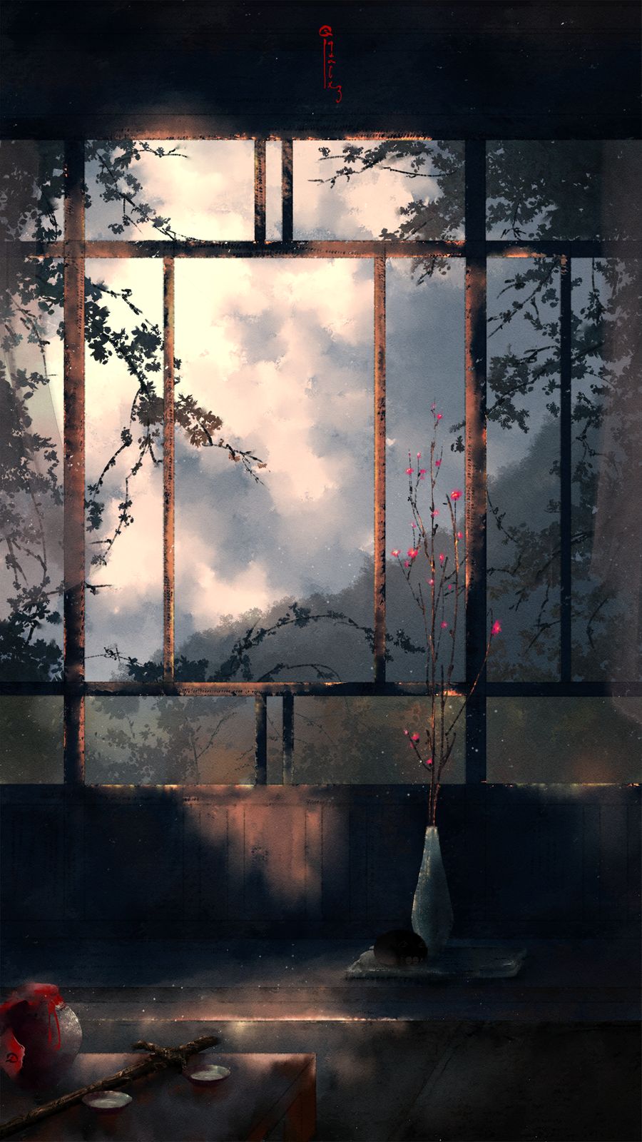 black_cat, branch, cat, clouds, dark_clouds, flower, highres, no_humans