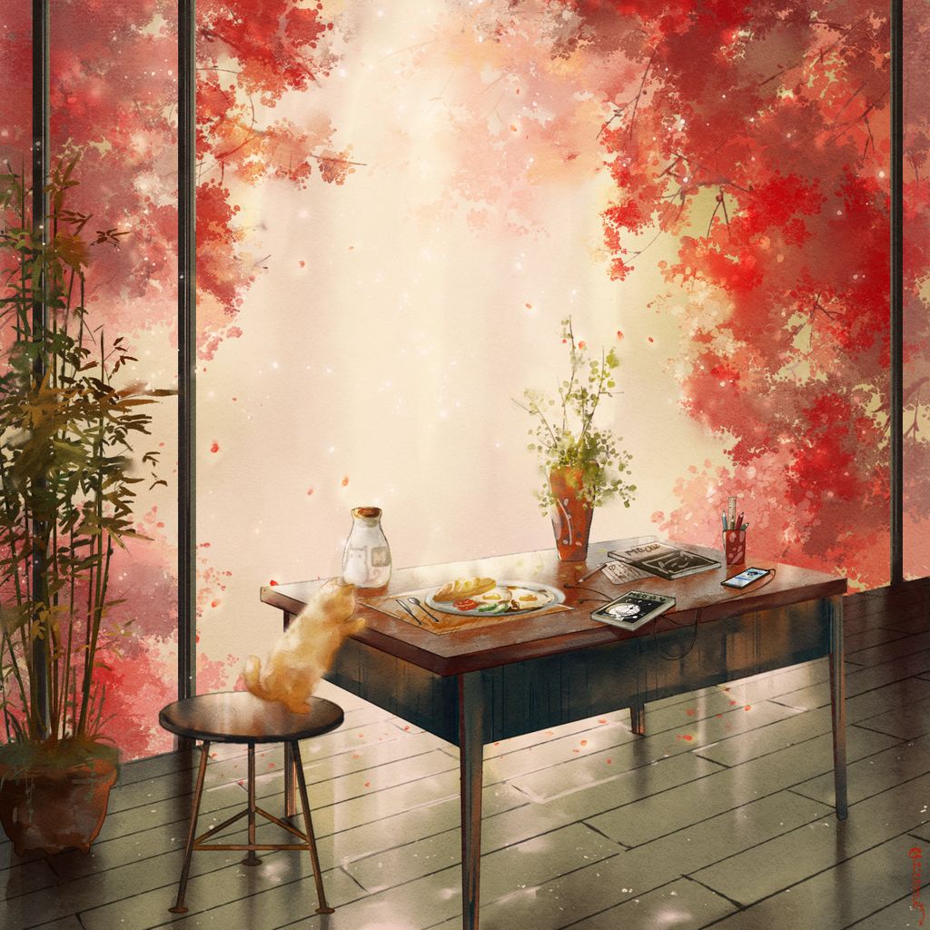 animal, autumn, autumn_leaves, bamboo, bottle, earphones, earphones, egg, ginger_cat, knife, milk, milk_bottle, no_humans, original, pencil, pencil_case, phone, plant, quacx3, ruler, scenery, signature, spoon, sunny_side_up_egg, table
