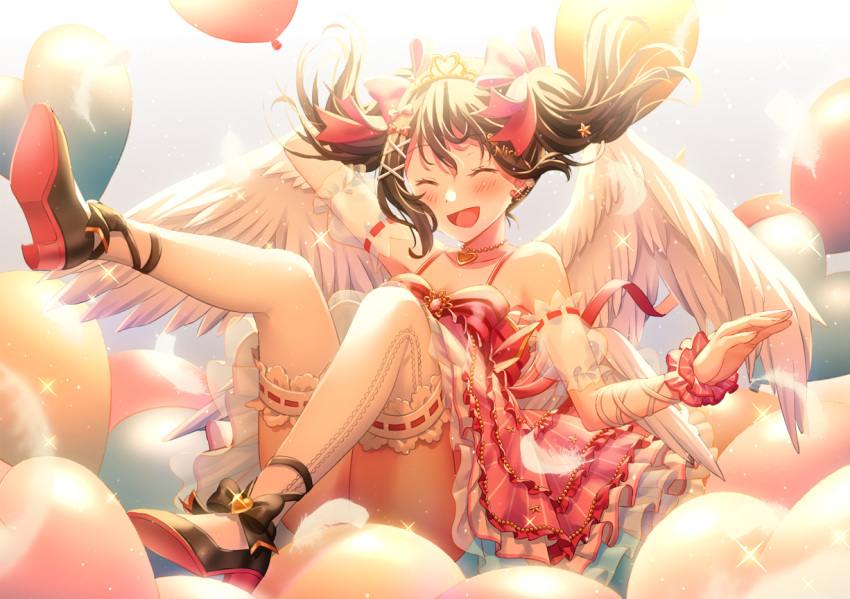1girl, angel_wings, black_footwear, black_hair, blush, closed_eyes, high_heels, hoshisakura_(starblossom)