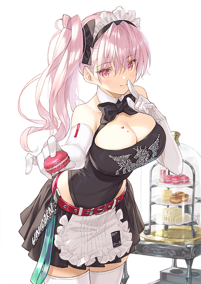 apron, bare_shoulders, belt, black_leotard, black_skirt, bow, bowtie, breasts