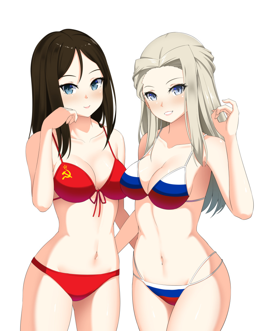 2girls, absurdres, artist_request, bikini, bikini_bottom, bikini_top, blonde_hair, blue_eyes