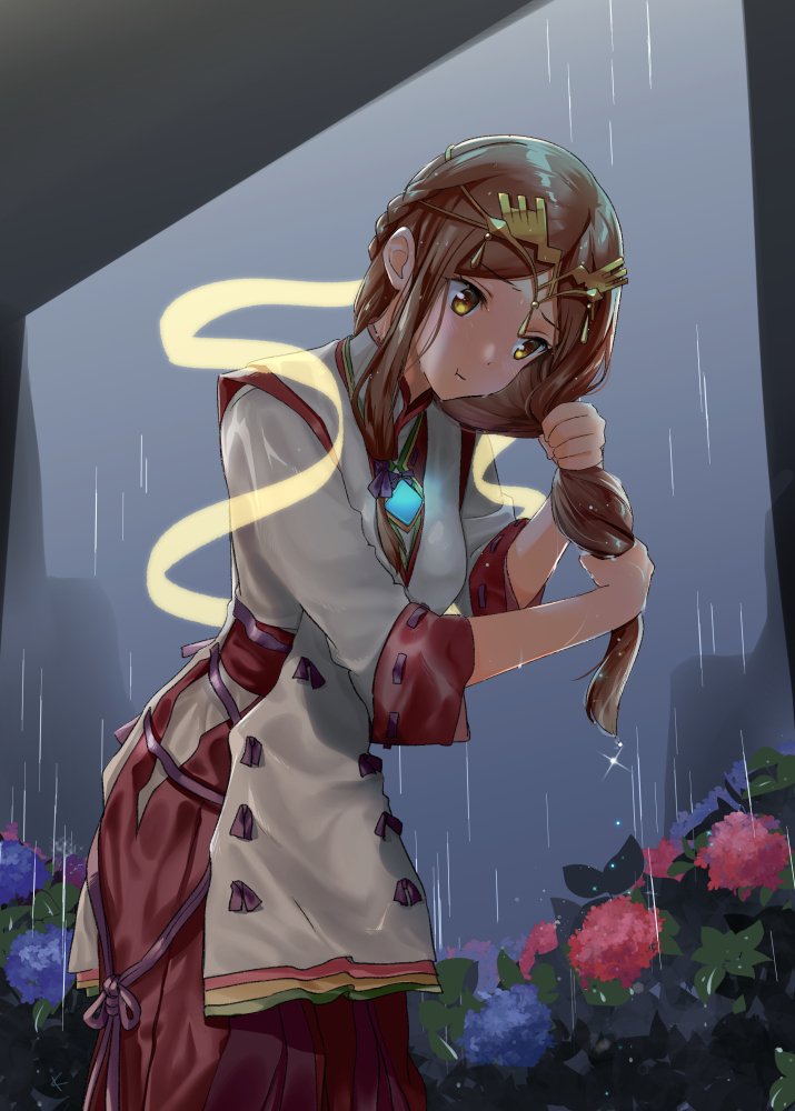 1girl, breasts, brown_hair, chest_jewel, fan_la_norne, flower, hakama, japanese_clothes
