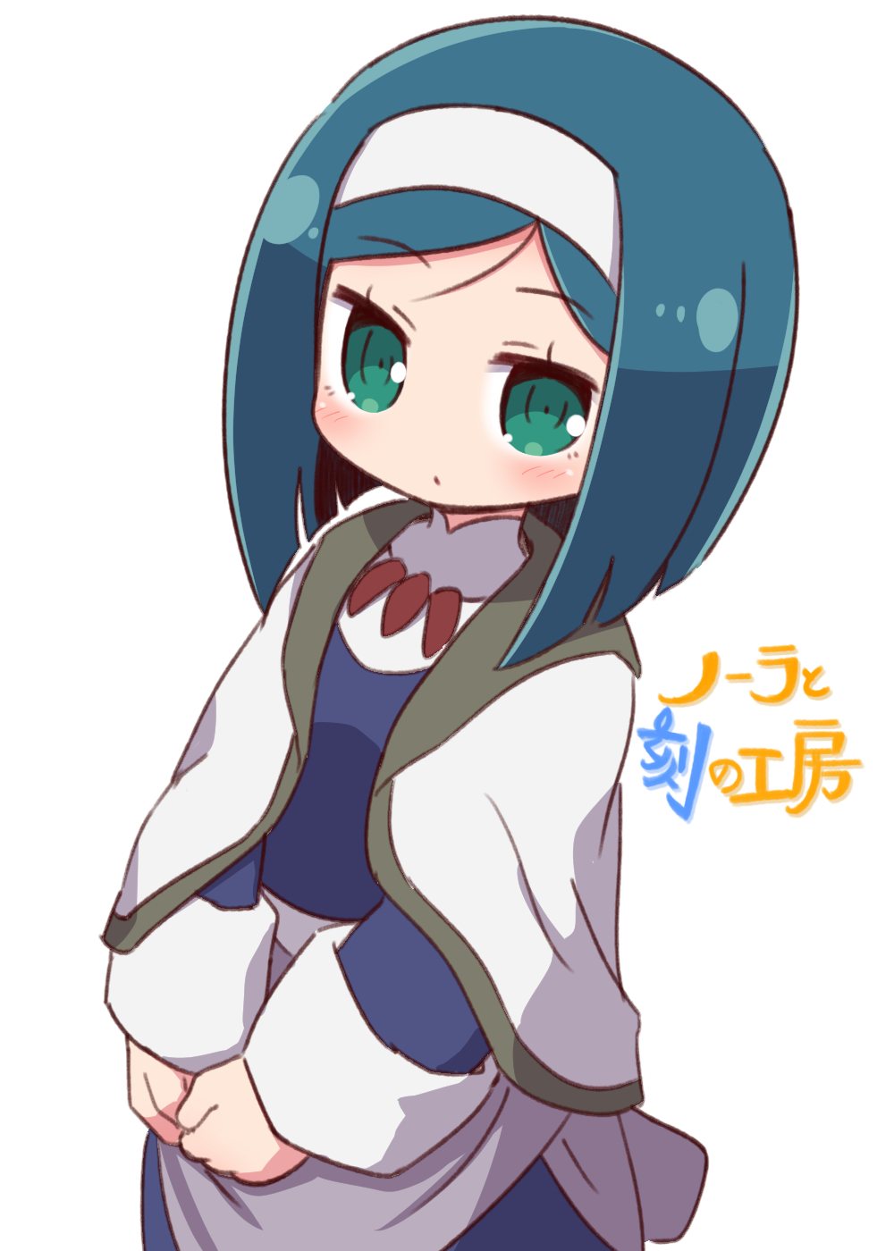 1girl, apron, bangs, blue_dress, blue_hair, blush, chibi, closed_mouth