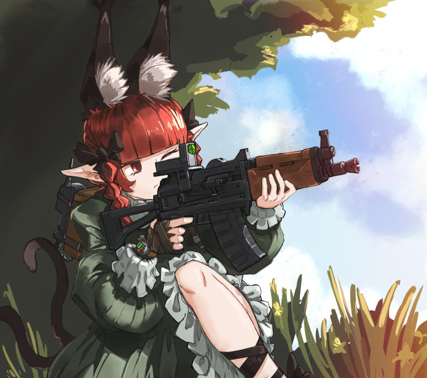 1girl, aks-74u, animal_ear_fluff, animal_ears, artist_name, assault_rifle, bigcat_114514, black_bow, bow, braid, cat_ears, cat_tail, chinese_commentary, clouds, commentary_request, dress, extra_ears, frilled_dress, frilled_sleeves, frills, grass, green_dress, gun, hair_bow, highres, holding, holding_gun, holding_weapon, juliet_sleeves, kaenbyou_rin, long_hair, long_sleeves, one_eye_closed, pointy_ears, puffy_sleeves, red_eyes, redhead, rifle, scope, solo, tail, touhou, twin_braids, twitter_username, walkie-talkie, weapon