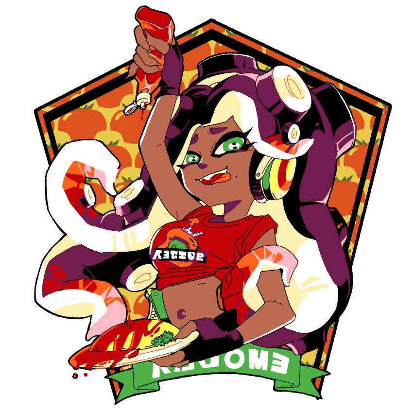 1girl, :p, arm_up, black_gloves, bottle, bright_pupils, cephalopod_eyes, commentary