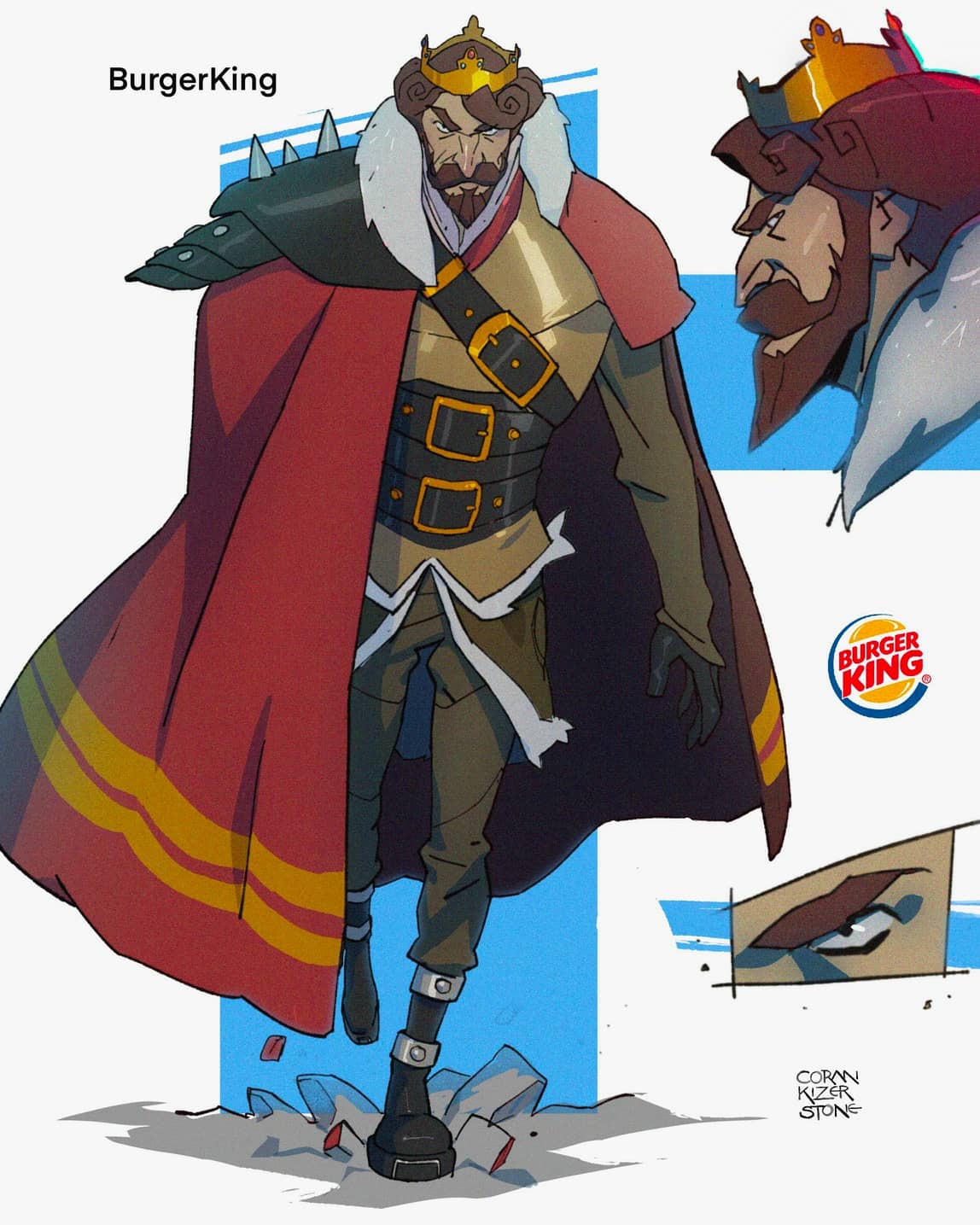 1boy, angry, armor, beard, brown_hair, burger_king, cape, coran_stone