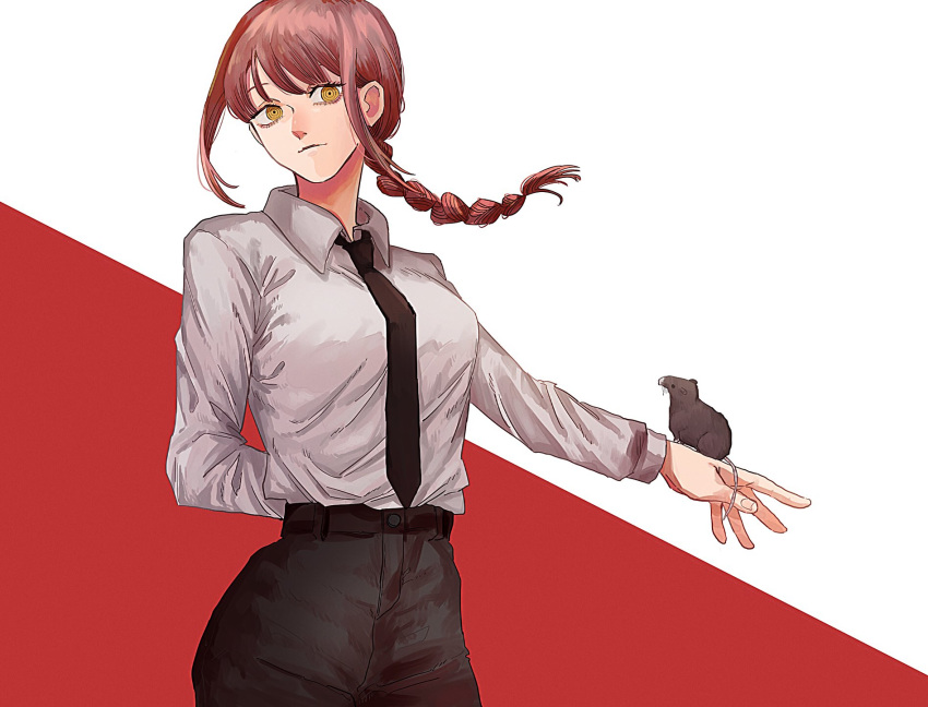 1girl, 4chi, animal, arm_behind_back, ass, black_neckwear, black_pants, braid