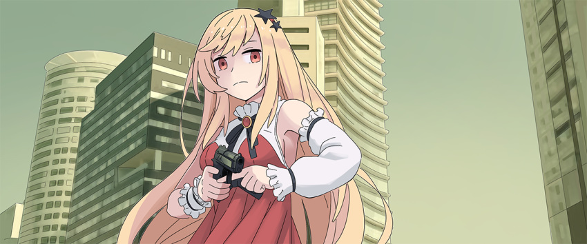 1girl, blonde_hair, cityscape, day, detached_sleeves, finger_on_trigger, firing, girls_frontline