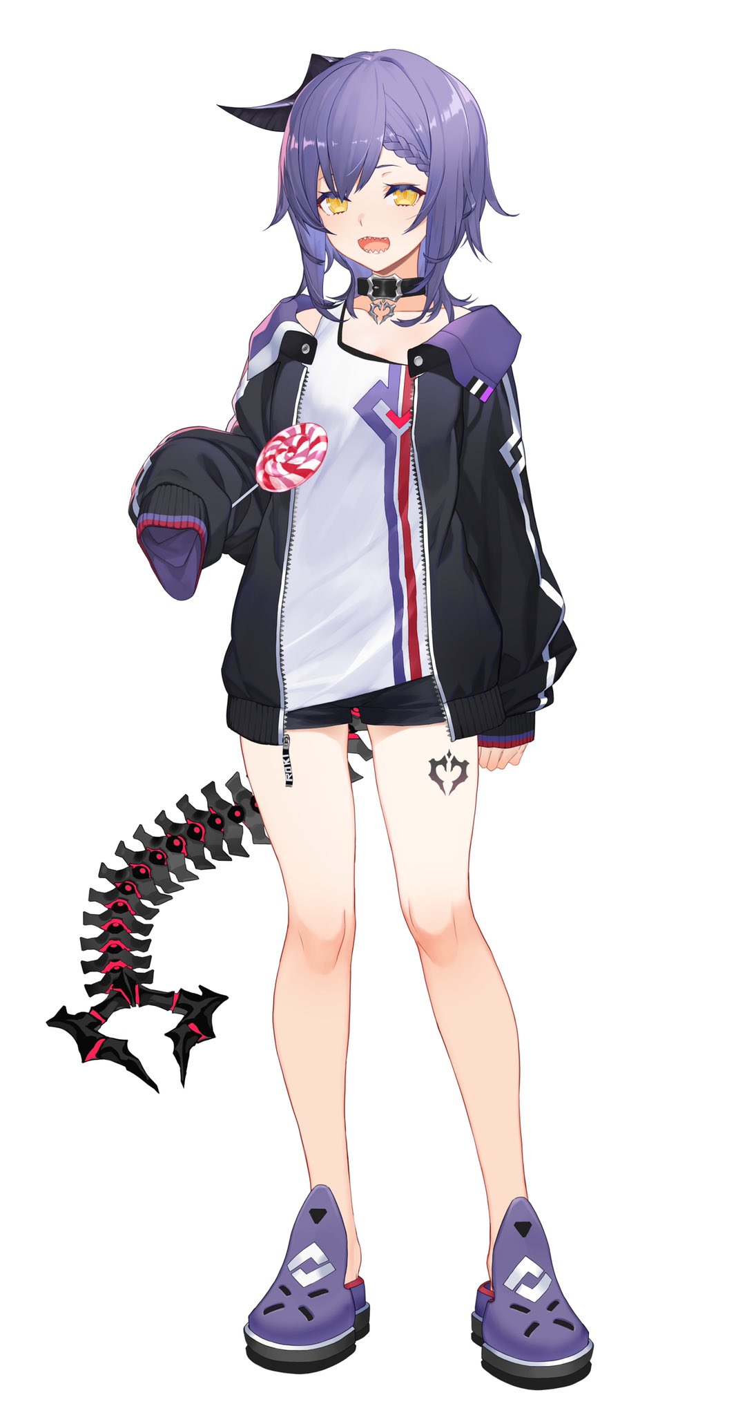 1girl, :d, bare_legs, braid, candy, collar, commentary_request, crocs