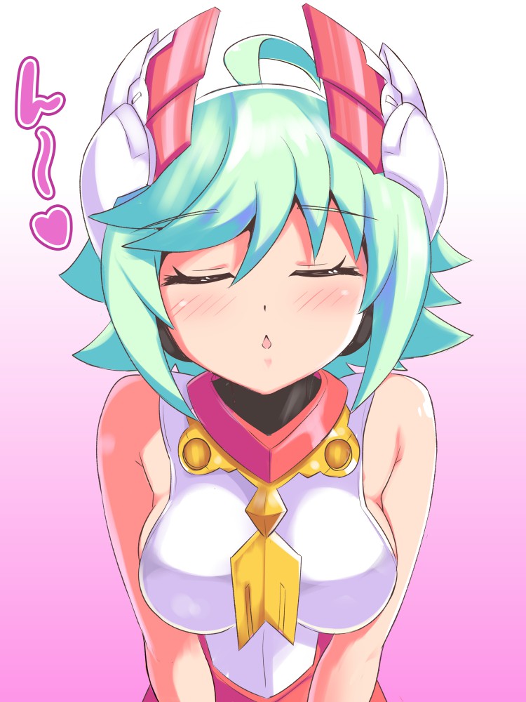 1girl, ahoge, azure_striker_gunvolt, bangs, bare_shoulders, blush, breasts, closed_eyes