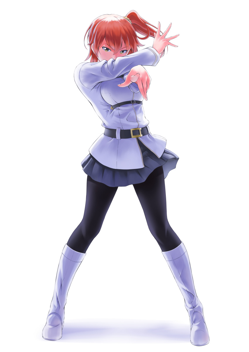 1girl, absurdres, bangs, belt, black_belt, black_legwear, boots, brown_eyes
